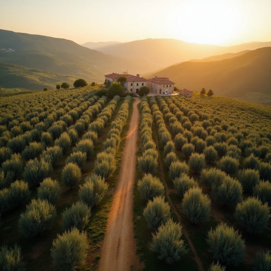 Vista aerea di un uliveto ripresa con drone in un agriturismo