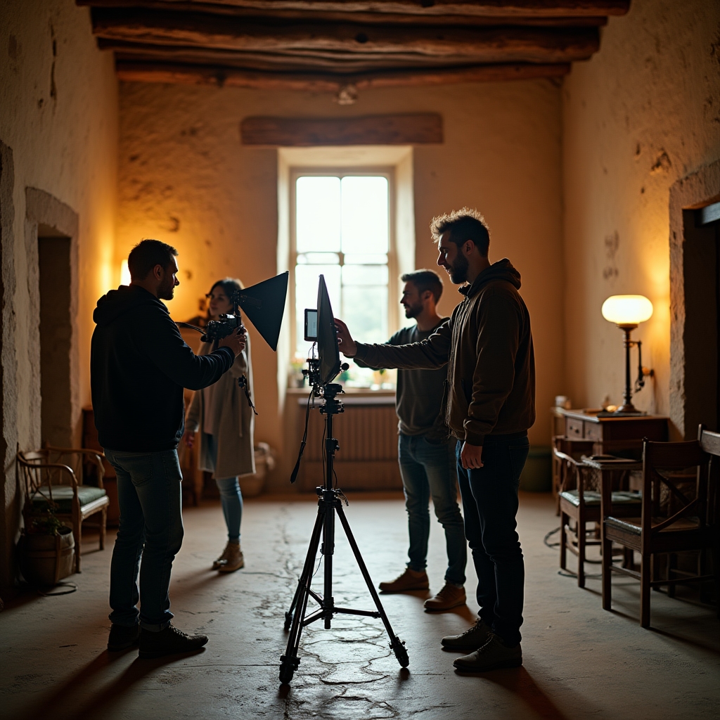 Troupe che monta cavalletto e luci prima di iniziare le riprese