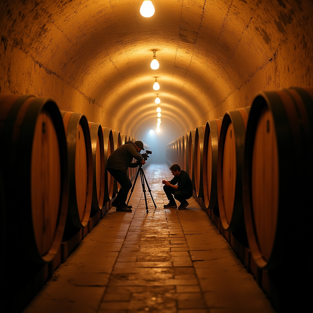 Sala botti di una cantina vinicola ripresa durante un mini-documentario