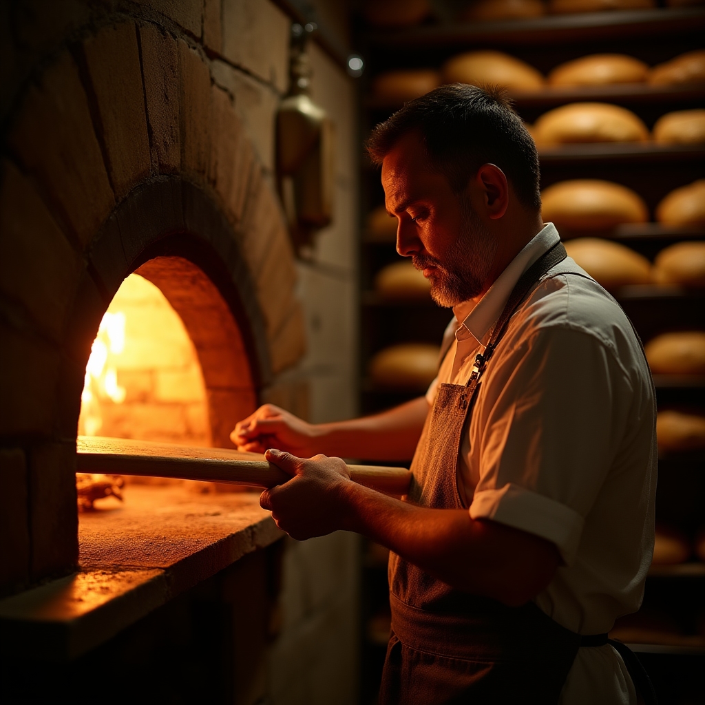 Forno a legna acceso in un panificio artigianale durante le riprese