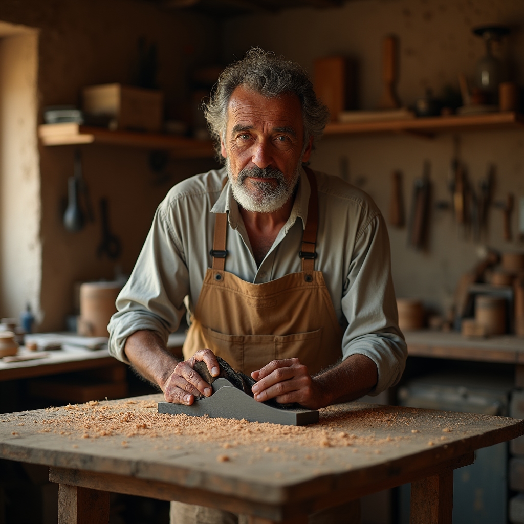 Artigiano del legno ripreso mentre lavora un pezzo con attrezzi manuali