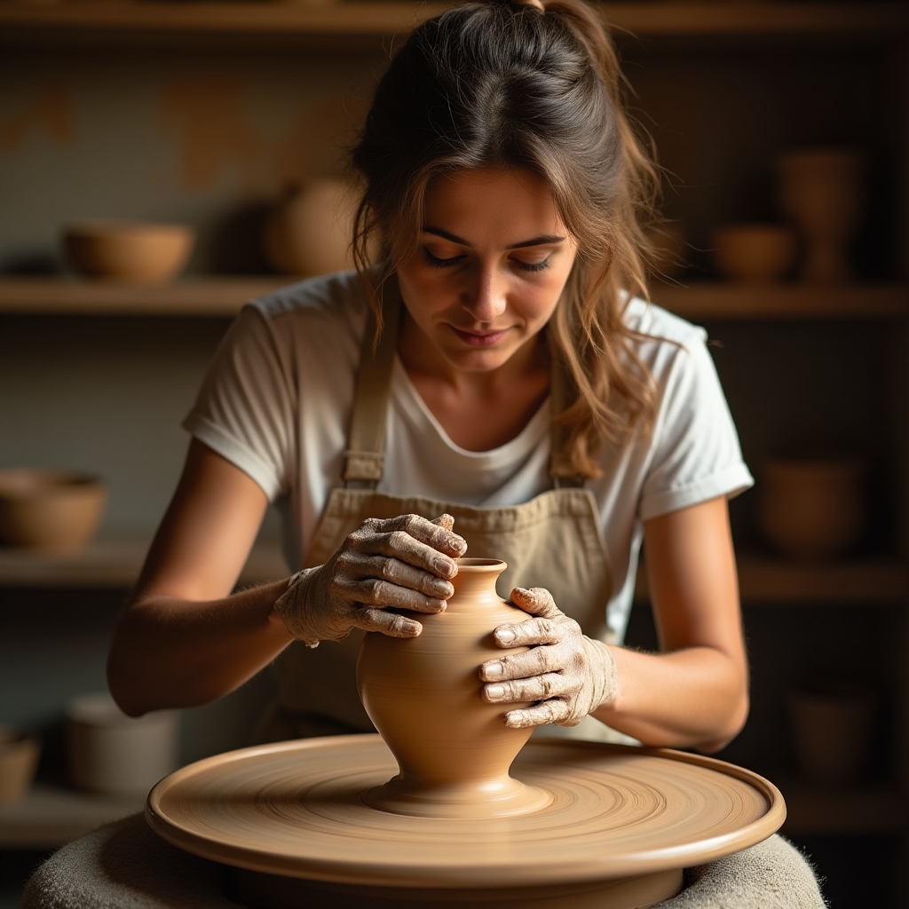 Ceramista al lavoro sul tornio durante una giornata di riprese