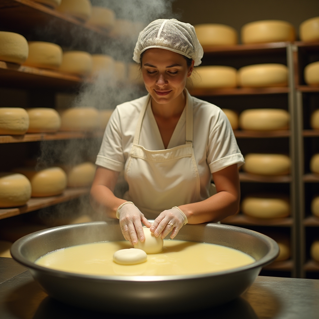 Interno di un caseificio ripreso durante la produzione del formaggio