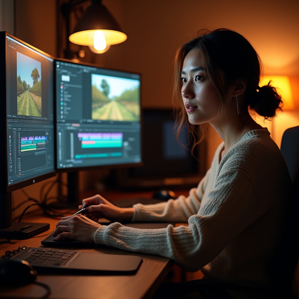 Editor video al lavoro davanti a monitor durante la fase di montaggio