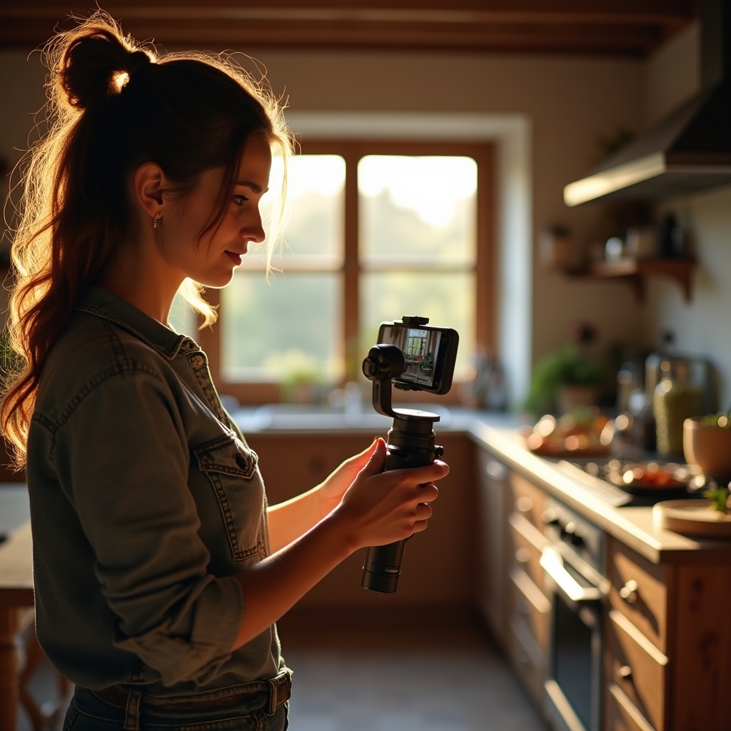 Operatore che riprende in verticale con smartphone montato su stabilizzatore